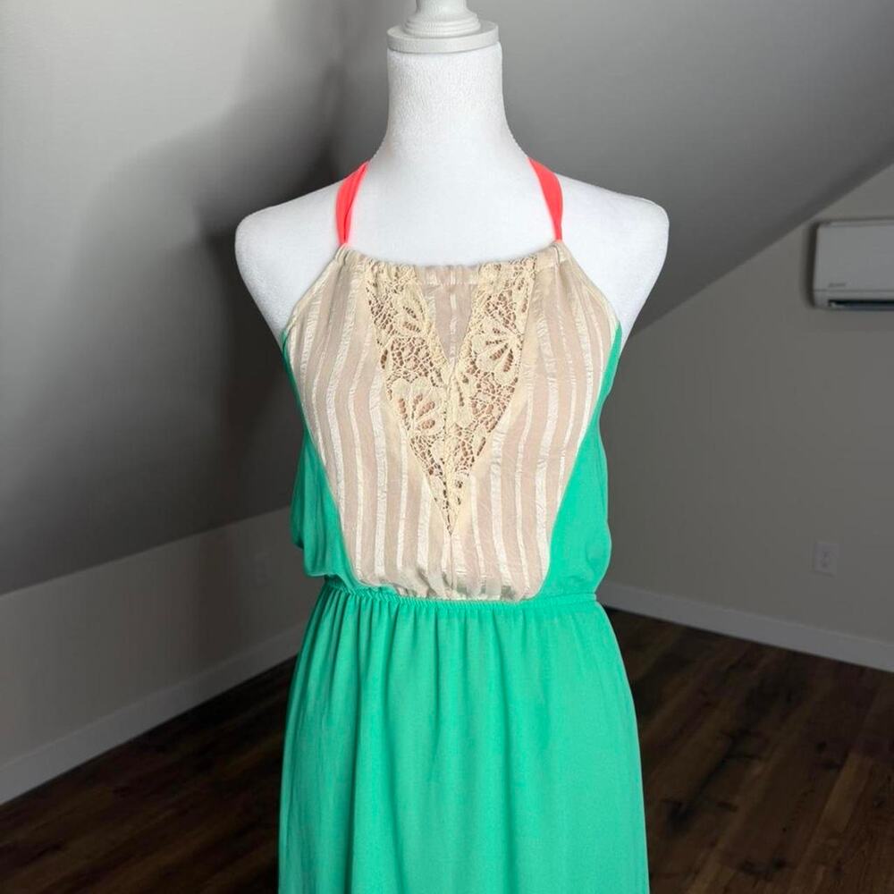 DejaVu Mint Green Lace Halter Maxi Dress Size M Boho Beachy Summer - Picture 4 of 7